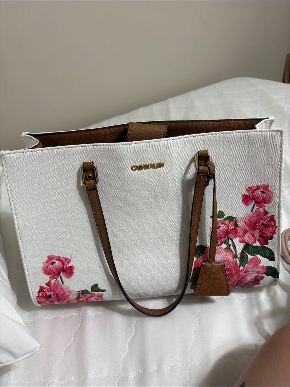 Calvin Klein White Tote with Pink Floral Accents and Brown Handles